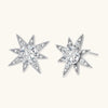 Sterling silver star-shaped stud earrings with brilliant moissanite center stones and pavé details on neutral background.